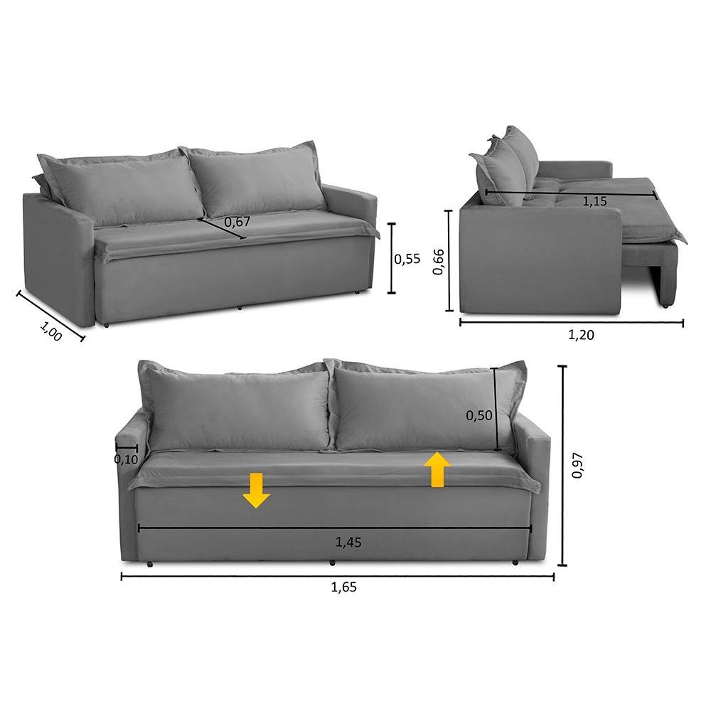Sofá sem Caixa Retrátil e Reclinável 1,65m com Molas Kiara Suede Cinza Adonai Estofados - 3