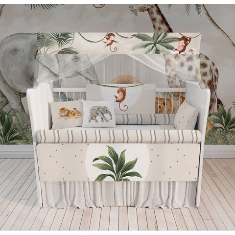 Kit Berço Enxoval de Bebê Safari Floresta Folhas Bege