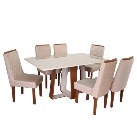 Conjunto Mesa Retangular Beatriz Vidro Off White 6 Cadeiras Beatriz com Apliques Asgard Bege Freij