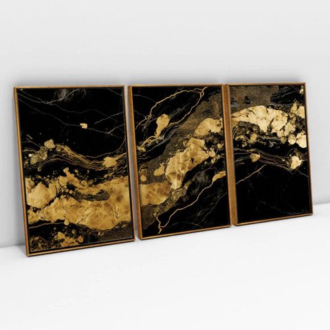 Kit Quadro Decorativo 3 Telas Canvas Black Ouro Tacolado Moldura Flutuante 4,5cm Freijó 80 X 120cm