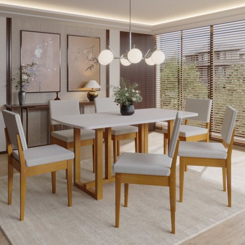Conjunto para Sala de Jantar Filadélfia Tampo Oval 170cm com 6 Cadeiras Madeira Maciça Miami Marrom/Cerejeira/Cinza/Off White