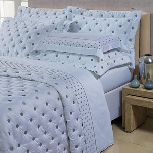 Kit Cobre Leito Colcha Queen 100% Algodão 400 Fios Acetinado Bordado 5 Peças Branco e Cinza