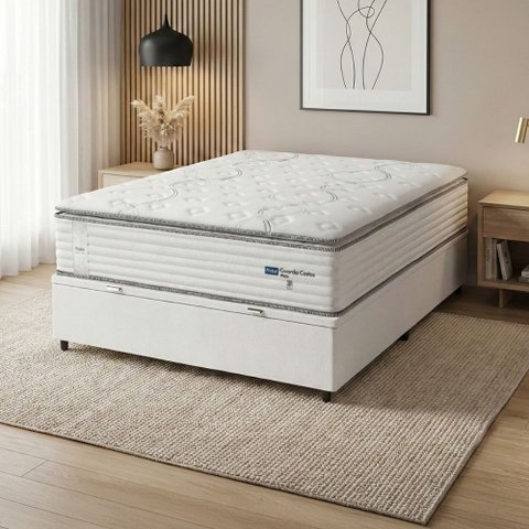 Cama Box Baú Casal Colchão Molas Guarda Costas Max com Pillow Branco/Cinza