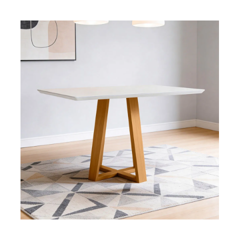 Mesa de Jantar 4 Lugares Retangular 135cm Tampo MDF com Vidro Elian N01 Ypê Off White - Lyam Decor