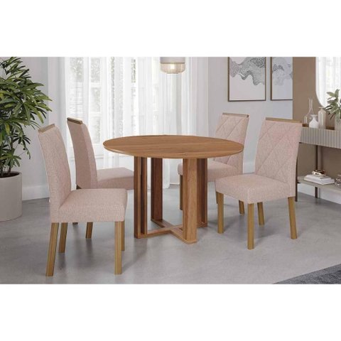 Sala de Jantar Completa Flora Tampo Madeirado 109cm e 4 Cadeiras Fernanda Cinamomo - Carvalho/linho