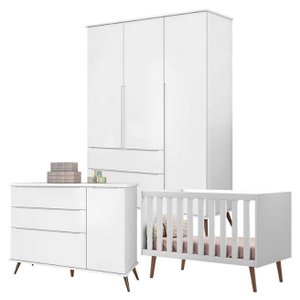 Quarto Retrô Infantil Completo Melinda Branco – Guarda-Roupa, Cômoda com Porta e Berço Ana 3 em 1 –
