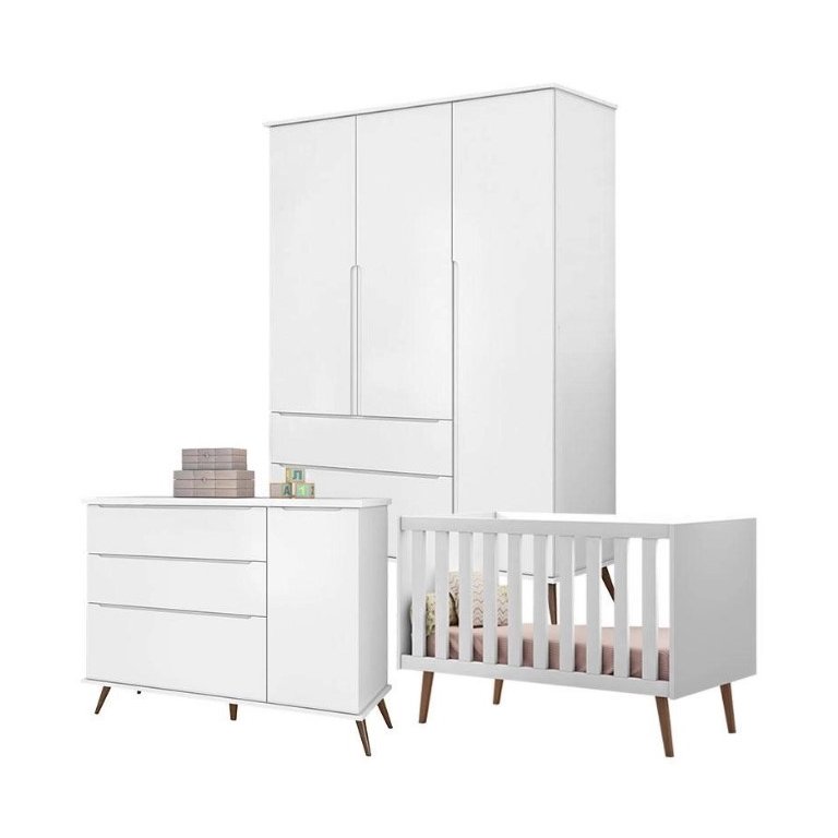 Quarto Retrô Infantil Completo Melinda Branco – Guarda-Roupa, Cômoda com Porta e Berço Ana 3 em 1 –