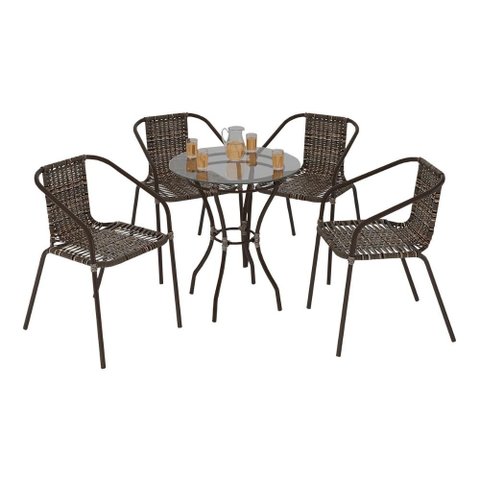 Conjunto para Jardim com Mesa Vidro 60cm e 4 Cadeiras Junco Sintético Multimóveis CR8008 Café