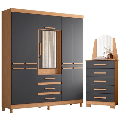 Guarda Roupa Casal New Fusion 10 Portas e Cômoda New Veneza Freijo Titanium - Móveis Albatroz