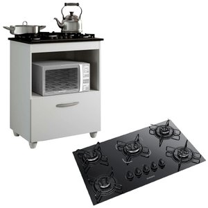 Kit Balcão Cooktop Kaiki Salvia com 1 Porta Branco e Fogão Cooktop 5 Bocas Itatiaia