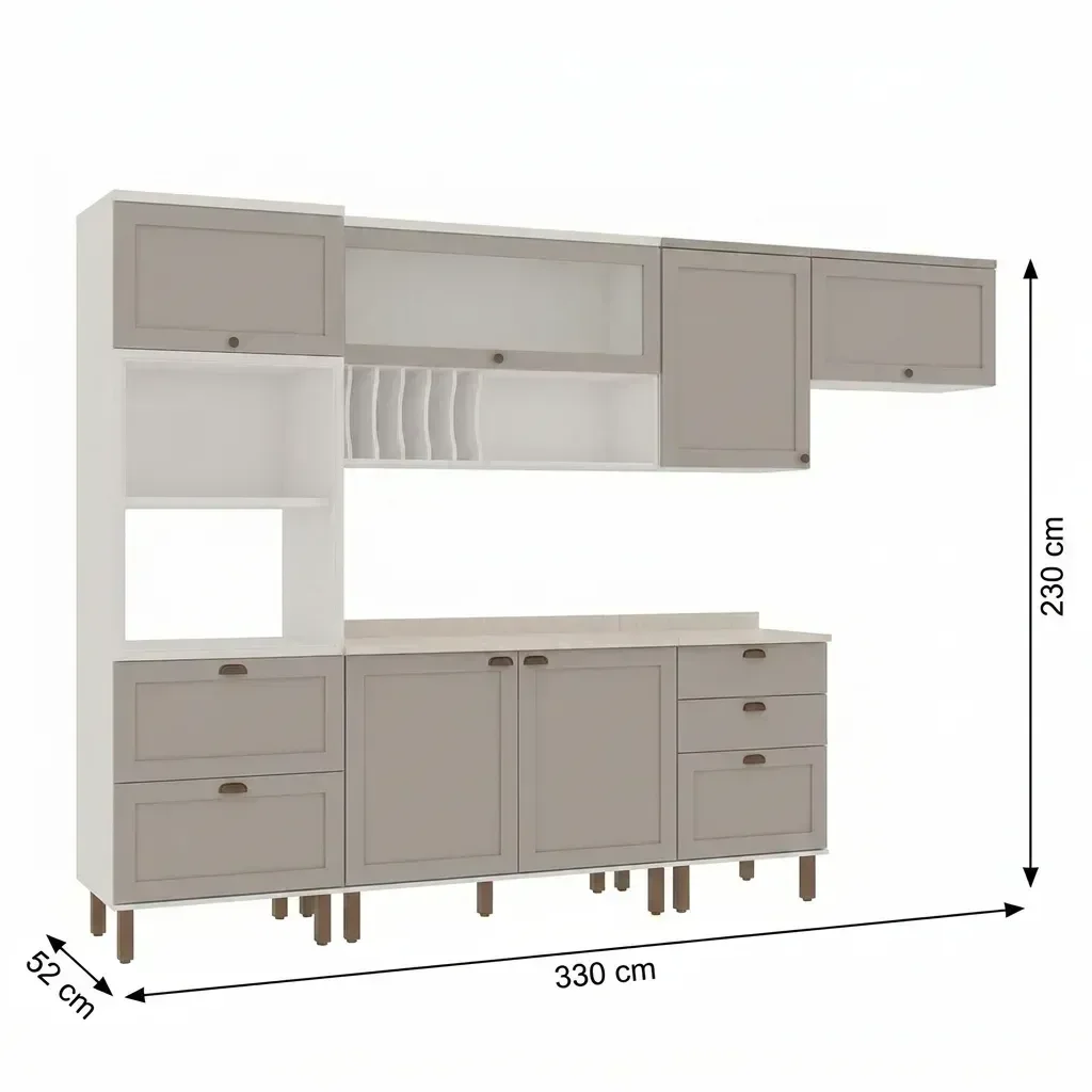 Ver imagem 3 de Cozinha Completa Modulada 6 Peças 100% MDF com Torre Quente, Porta Pratos e 2 Balcões com Tampo Iluminata Branco/Fendi Cinza