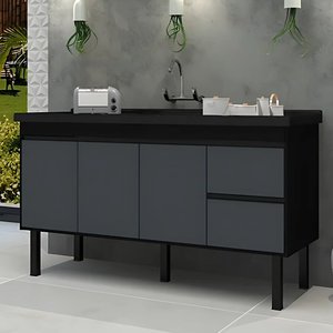 Gabinete de Cozinha 2 Gavetas 3 Portas 141cm Balcão 100% Mdf:preto/grafite