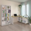 Ver imagem 1 de Conjunto Home Office 2 Peças 1 Escrivaninha em L e 1 Estante Retrô 2 Gavetas 10 Nichos 145cm Branco