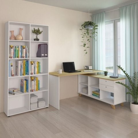 Conjunto Home Office 2 Peças 1 Escrivaninha em L e 1 Estante Retrô 2 Gavetas 10 Nichos 145cm
