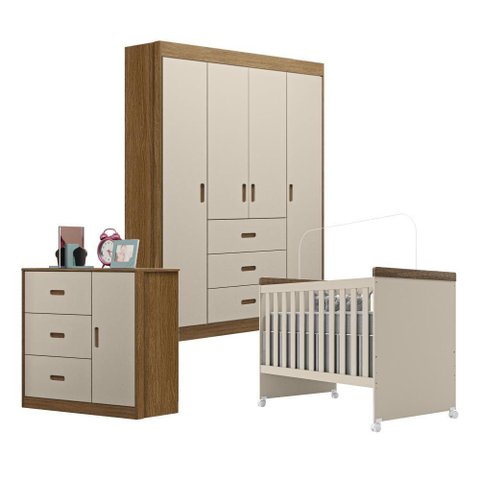 Jogo de Quarto Infantil Livia com Berço Mini Cama Cômoda e Roupeiro Canaã