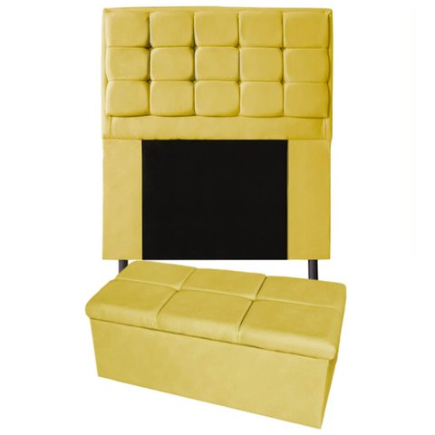 Kit Cabeceira + Calçadeira Baú Copenhague Solteiro 90cm Suede - Renascer Decor:Amarelo