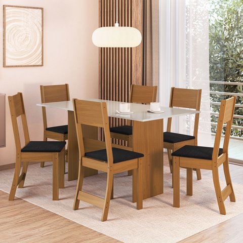 Conjunto Sala de Jantar Mesa Tampo de Madeira Fidelitá Siena com 6 Cadeiras Freijó/Off-White/Preto