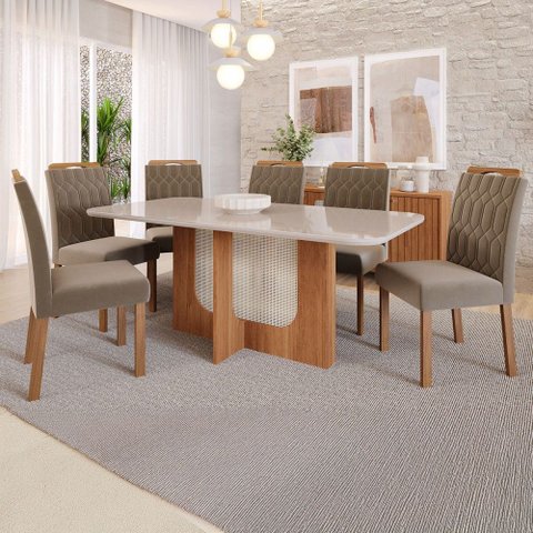 Mesa de Jantar 6 Lugares Louise Paola com Vidro Cinamomo/off White/joli - Cimol