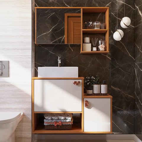 Gabinete de Banheiro Lotus Movelove 3 Portas com Espelheira Jequitiba/Off White New
