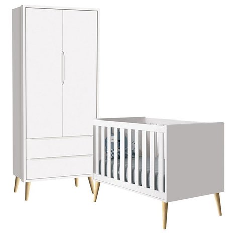 Quarto com Berço Theo e Guarda Roupa 2 Portas e Pés Madeira Natural Branco Fosco - Reller Móveis