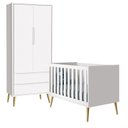 Ver imagem 1 de Quarto com Berço Theo e Guarda Roupa 2 Portas e Pés Madeira Natural Branco Fosco - Reller Móveis
