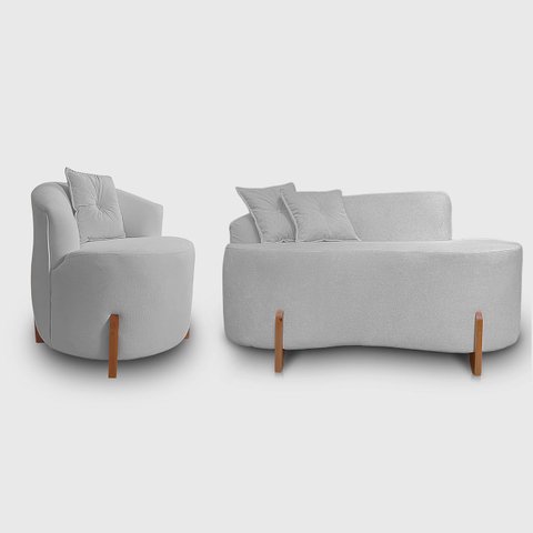 Kit Sofá Orgânico Feijão com Poltrona Pé de Madeira Bouclé Minimalista