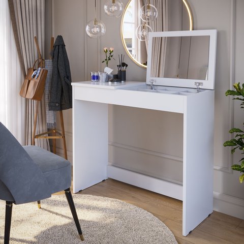 Mesa com Espelho e Porta Jóias Penteadeira Organizadora Escrivaninha Paris - Branco