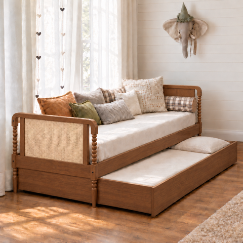 Bicama em Madeira Maciça com Rattan e Design Bubble Cor Nogueira