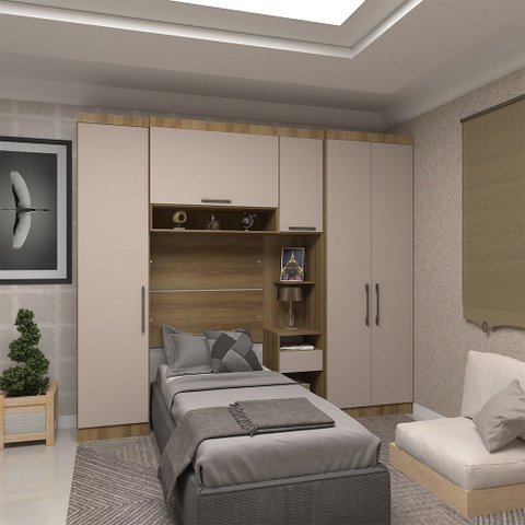 Quarto de Solteiro com Guarda Roupas e Mesa de Cabeceira Paris Luciane Móveis