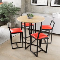 Conjunto Mesa Redonda Pinus 4 Cadeiras Pequena Estofado Industrial Black - 1