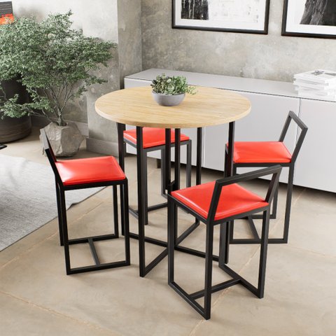 Conjunto Mesa Redonda Pinus 4 Cadeiras Pequena Estofado Industrial Black