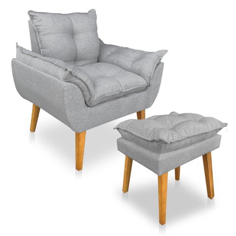 Kit Poltrona Decorativa e Puff Opala Luxo Linho Cinza Dal Poz Estofados