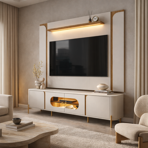 Conjunto Juquehy Rack Painel Tv Sala Estar com Led Orgânico Mdf:cinamomo/off White