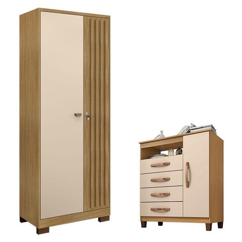 Cômoda Sapateira Cannes com Armário Multiuso Versatile 2 Portas com Chave Carvalho Americano Off Whi