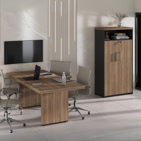 Conjunto Mesa Tamburato 204,2cm para Escritório e Reunião com Armário e Nicho Marrom/Nogal/Preto Artany