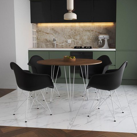 Mesa Jantar Redonda 90cm Amêndoa Clips 3 Pés com 4 Poltronas Pretas Ferro Branco Marrom