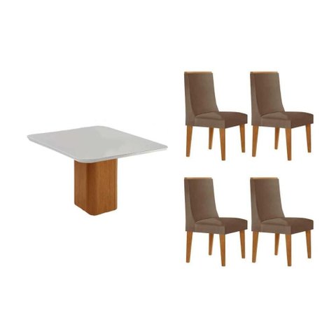 Conjunto: Mesa Sala Jantar Maldivas C/ Tampo Madeirado C/ Vidro Canto Curvo 90x90cm e 4 Cadeiras