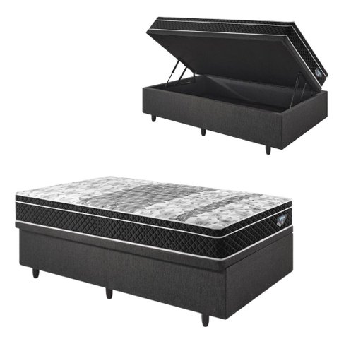 Base Box Baú 88x188 Linho Cinza com Colchão Gransleep Molas Verticoil