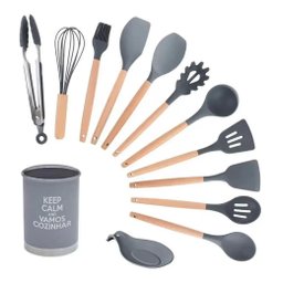 Conjunto Utensílios Silicone com Copo Suporte Cinza 13 Peças - 2