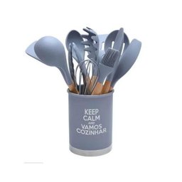 Conjunto Utensílios Silicone com Copo Suporte Cinza 13 Peças - 1