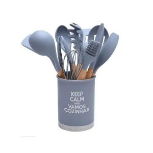 Conjunto Utensílios Silicone com Copo Suporte Cinza 13 Peças