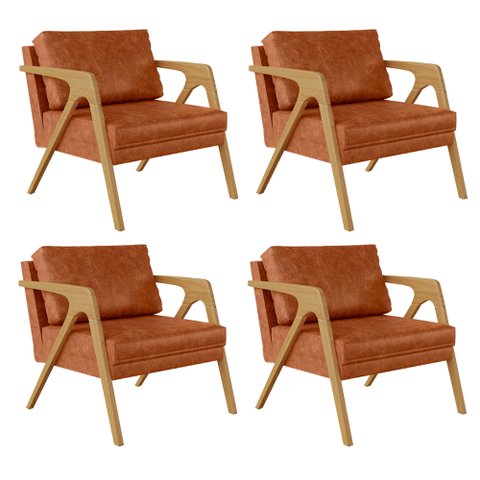 Kit 04 Poltronas Decorativa Para Sala Pietra Estrutura De Madeira L02 Couríssimo Camel - Lyam