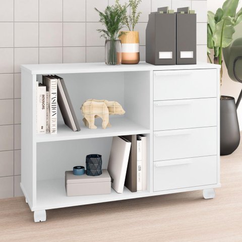 Balcão para Escritório com 4 Gavetas e Rodízios - Branco