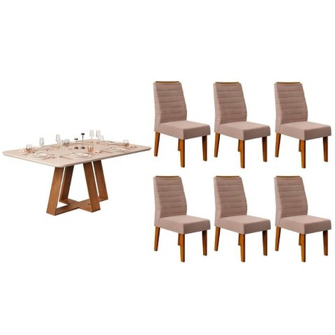 Conjunto: Mesa de Cozinha Celeste C/ Tampo Madeirado C/ Vidro Curvo 160x90cm e 6 Cadeiras Ondina