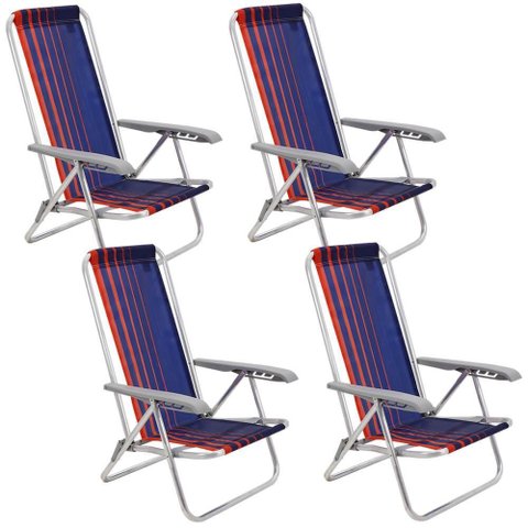 Kit 04 Cadeiras de Praia Reclinável Tramontina Bali Baixa Alumínio Assento Azul e Laranja 92900100