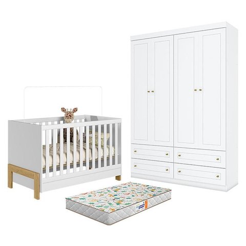Berço Americano Mini Cama Fantasia Branco Acetinado – Qmovi e Guarda Roupa Infantil Americano 4 Port