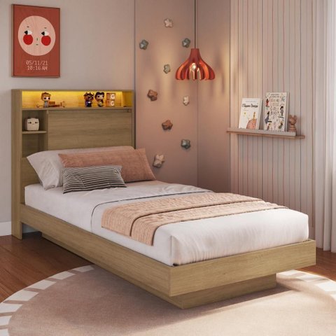 Cama de Solteiro com LED 1 Porta e Nichos para Colchão 78-88x188cm Mel Multimóveis