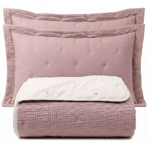 Kit Cobre Leito Clássico Queen Percal 300 Fios Colcha Dupla Face Bicolor Premium 3 Peças Malva