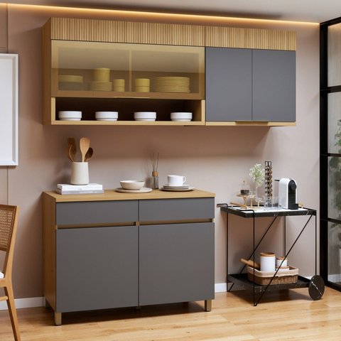 Cozinha Completa Modulada 3 Peças 5 Portas 2 Gavetas 100% MDF Realeza Premium Cinza/Carvalho/Titânio
