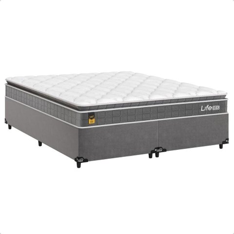 Cama Box Queen + Colchão Life D33 Pillow Top 56x158x198cm - Cinza - e-Shop Casa